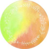 Doodle round frame with leaves and twigs in watercolor splatter. Vector illustration isolated on white