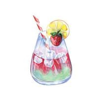 Watercolor lemonade with lemon, ice and strawberry. vector