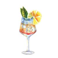 Watercolor alcohol cocktail with lemon, ice and mint. vector