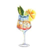 Watercolor alcohol cocktail with lemon, ice and mint. vector