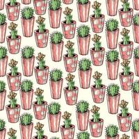 Cactus seamless pattern. Hand drawn cactus lineart. Home plants succulents black and white pattern. vector