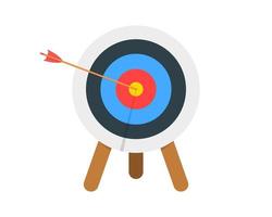 Archery target ring with arrow hitting bullseye. Dartboard on tripod front view. Goal achieving concept. Business success strategy symbol vector