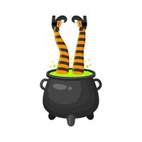 Witch legs upside down in cauldron with green bubbling potion. Halloween design element vector