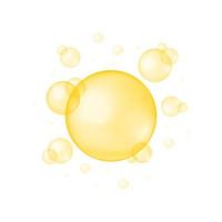 Gold glossy bubbles on white background. Collagen droplets, keratin, serum, jojoba cosmetic oil, vitamin A or E, omega fatty acid balls