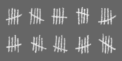 White tally marks on gray background. Chalk drawn sticks sorted by four and crossed out by slash line. Counting stripes on chalkboard. Unary numeral system signs vector