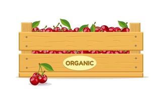 Wooden box with cherries. Fruit box icon. Vector illustration isolated on white background.