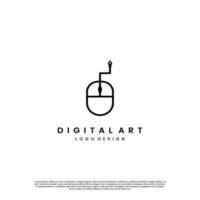 logotipo de arte digital, logotipo de escritor digital. ratón con concepto minimalista de diseño de logotipo de pluma vector