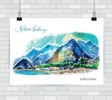 Abstract image of landscape sea and mountains. Picture with beach. Illustration hand drawn. Poster template. Abstract picture. Sketch colorpencil. vector