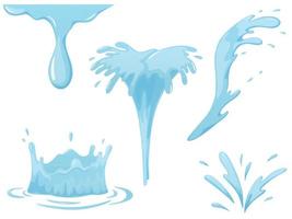 Water splash and spray. Aqua. Blue waves. Cartoon tears. Isolated raindrop or sweat, wet droplets of dew shapes.