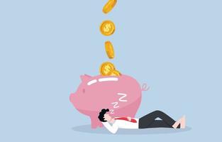 Passive income, making money while doing nothing, relaxing, or slepping, additional effortless career to increase wealth concept. Businessman sleeping near piggy bank with dollar coins flow. vector