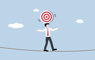 Uncertain or ambiguous business goal, hesitation in business decision or career path, business determination concept. Acrobat businessman try to maintain target on his head. vector