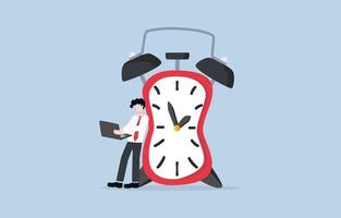 Rush working hours, stress or anxiety to finish work on time, pressure in career project, time management, project deadline concept. Businessman working in a hurry beside squeezed clock. vector