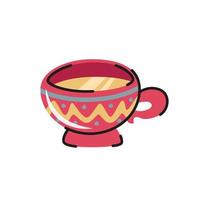 taza vectorial de cerámica de té o café. taza dibujada a mano con elementos decorativos. vajilla de dibujos animados, utensilio de cocina, herramienta para la hora del té. vector