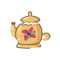 Ceramic vector teapot. Hand drawn kettle with decorative elements.  Cartoon dishware, kitchen utensil, tool for teatime.