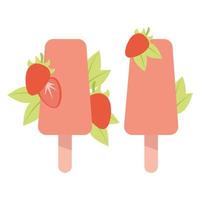 Red ice cream with strawberries and green leaves vector