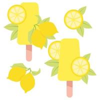 Set of yellow ice cream with lemon and green leaves vector