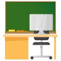 tablero verde de la escuela con tiza y mesa frente a la silla y la computadora vector