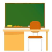 School green board with chalk and rulers and table in front and chair vector