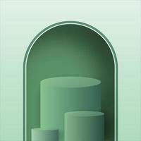 Abstract 3D room with realistic green cylinder pedestal podium set on arch door. Minimal wall stage for products demonstration and display presentation. vector