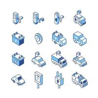 conjunto de iconos de línea plana isométrica del logotipo del vehículo eléctrico. ev eco icono de tecnología de energía limpia. vectores de diseño sencillo