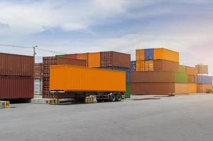 Shipping container in import and export business logistic company, Industry and Transportation concept. photo