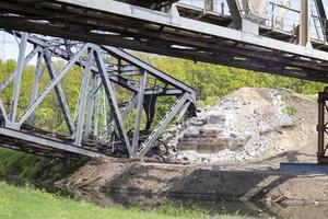 The blown up railway bridge over the Irpen River. War in Ukraine. Panorama. The city of Irpin in the Kyiv region photo
