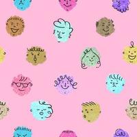 Vector colorful seamless pattern with hand drawn crayon abstract comic funny cute characters in modern cartoon style. For wallpaper, textile print, pattern fills, surface textures, wrapping paper