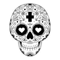 Vector illustration of Mexican skull with ornament and flowers. Sugar skull. The day of the Dead. Tattoo.