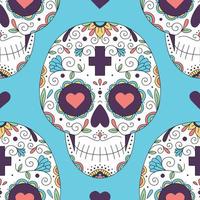 Vector illustration, seamless pattern and flowers with skulls for the day of the dead. Sugar skull. Psychedelic colors. Hippie.