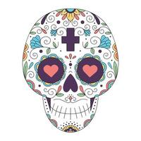 Vector illustration of Mexican skull with ornament and flowers. Sugar skull. The day of the Dead. Tattoo. Psychedelic colors.