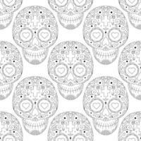 Vector illustration, seamless pattern with ornaments and flowers with skulls for the day of the dead. Sugar skull. Monochrome.
