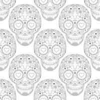 Vector illustration, seamless pattern with ornaments and flowers with skulls for the day of the dead. Sugar skull. Monochrome.