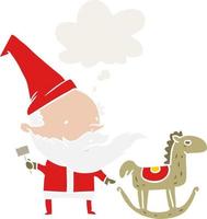 cartoon santa making toy and thought bubble in retro style vector