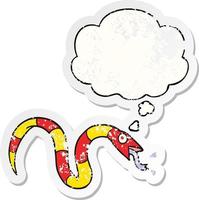 cartoon snake and thought bubble as a distressed worn sticker vector