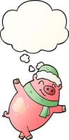 cerdo de dibujos animados con sombrero de navidad y burbuja de pensamiento en un estilo de gradiente suave vector