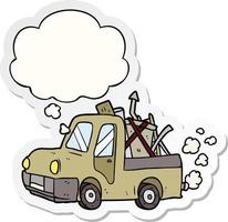 cartoon old truck and thought bubble as a printed sticker vector