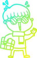 cold gradient line drawing cartoon boy with parcel waving vector