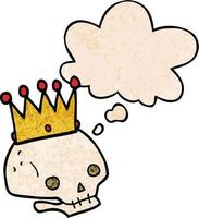 cartoon skull with crown and thought bubble in grunge texture pattern style vector