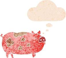 cartoon pig and thought bubble in retro textured style vector