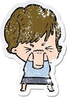 distressed sticker of a cartoon frustrated woman vector