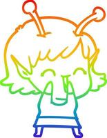 rainbow gradient line drawing cartoon alien girl laughing vector