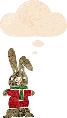cartoon rabbit and thought bubble in retro textured style