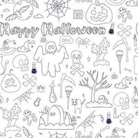 Seamless pattern Happy Halloween. Linear hand drawn doodles pumpkin Jack, ghost, grave, skull with crossbones and full moon with bats, scythe and broom on white background. Vector illustration.