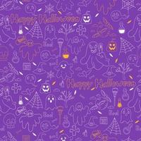 Seamless pattern Happy Halloween. Linear drawn doodles pumpkin Jack, ghost, grave, skull with crossbones and full moon with bats, scythe and broom, cobweb on purple background. Vector illustration.