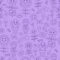 Vector Retro seamless pattern with groovy element in linear hand drawn doodle style. Cartoon characters with faces funky flower power with patch, daisy flowers, cactus flower pot on purple background