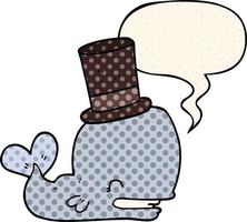 cartoon whale wearing top hat and speech bubble in comic book style vector