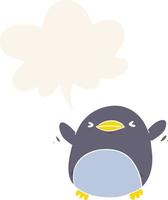 cute cartoon penguin flapping wings and speech bubble in retro style vector