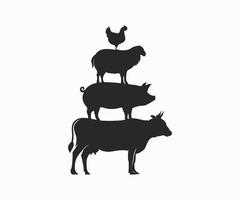 Cow, Pig, Lamb, and Chicken stand on each other. vector