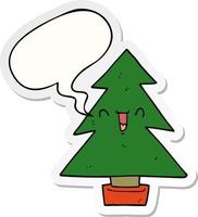 cartoon christmas tree and speech bubble sticker vector