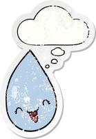 cartoon raindrop and thought bubble as a distressed worn sticker vector
